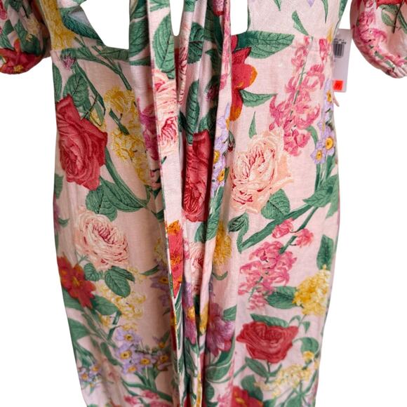 Old Navy Maxi Dress Large Pink Floral Puff Sleeve Linen Cut Out Twist Tie NWT - Picture 3 of 11